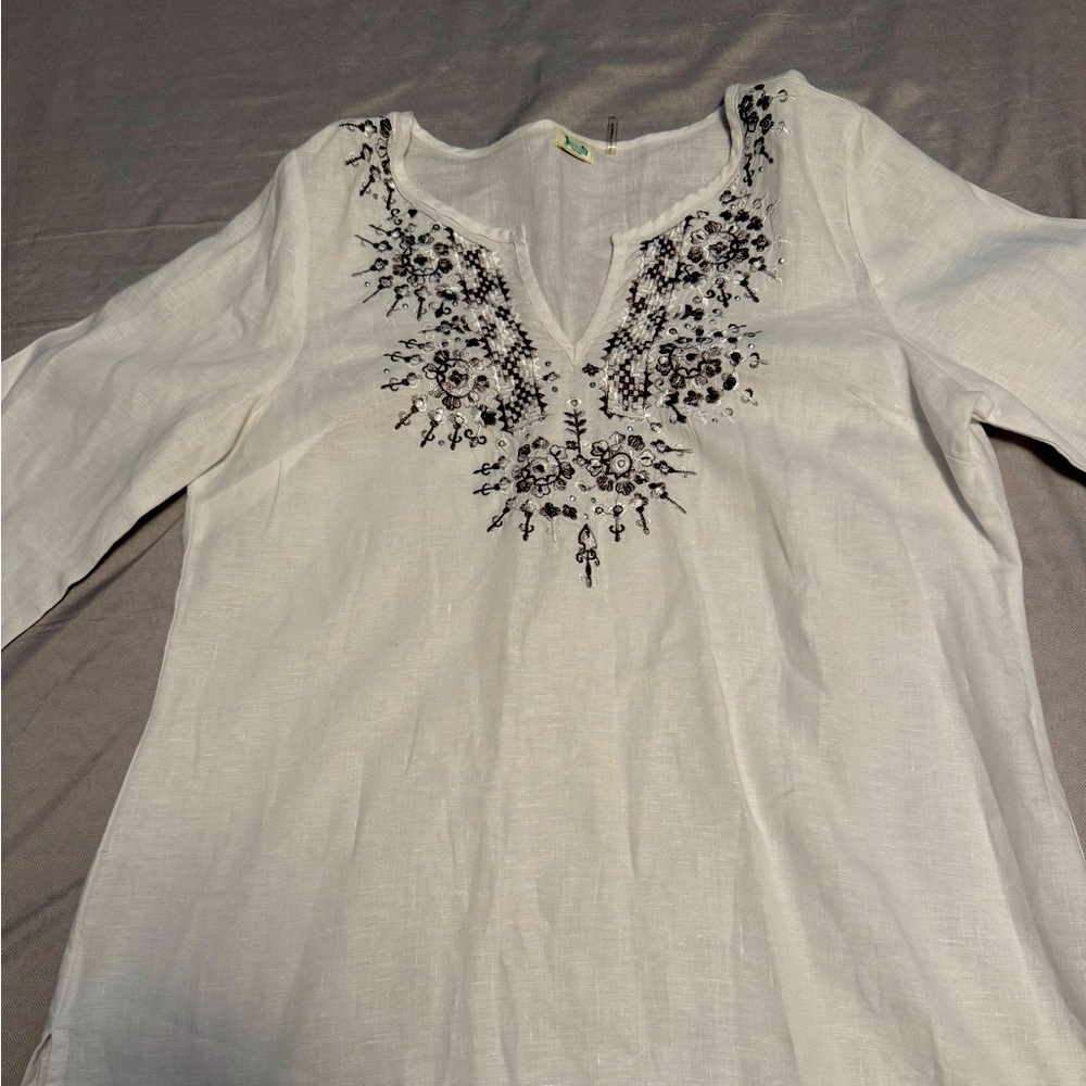 Symple NYC Embroidered Linen White Women's Top S
